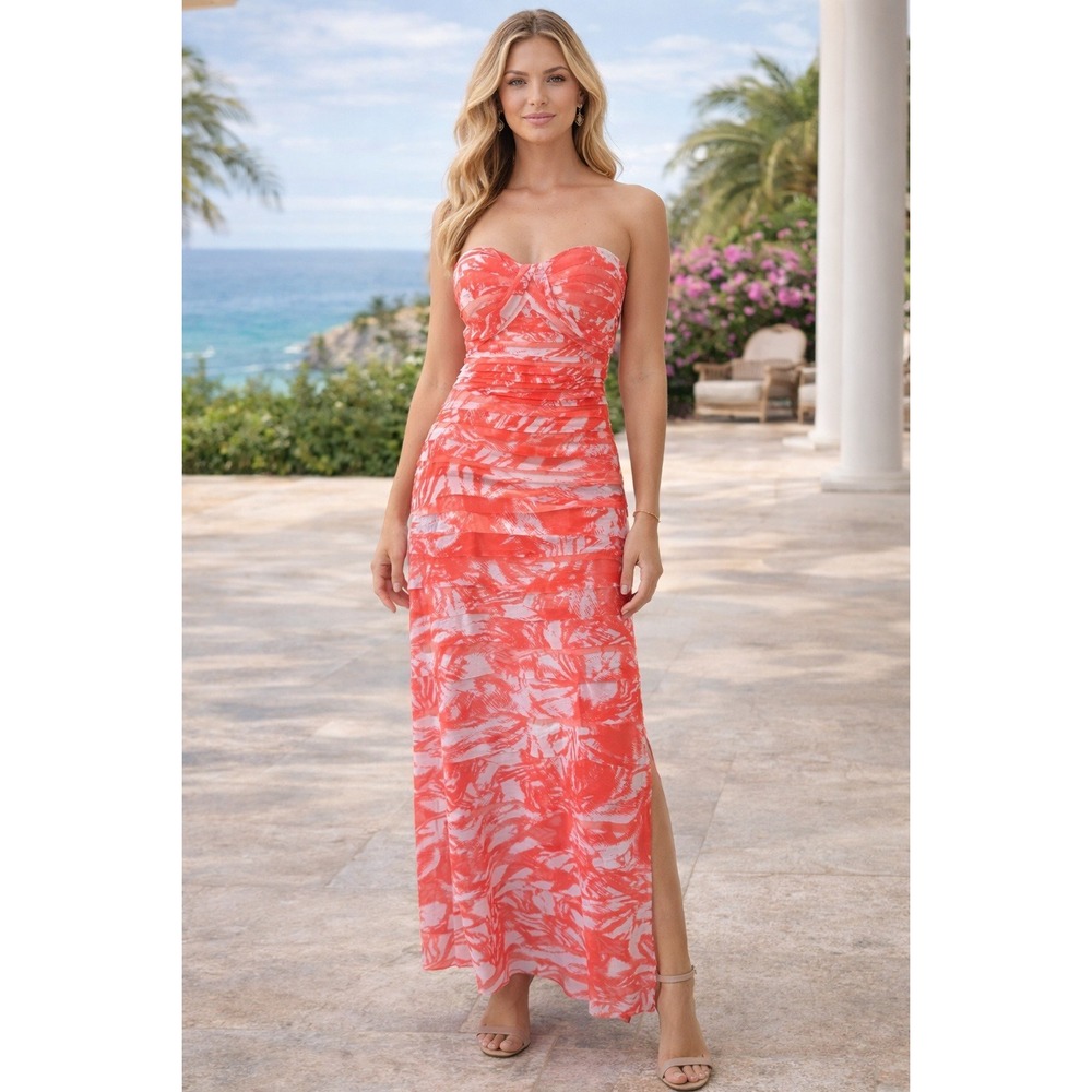 BCBGMAXAZRIA Coral White Abstract Print Strapless Ruched Mesh Maxi Dress Size 6